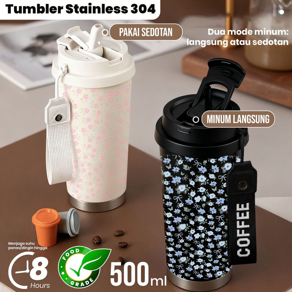 Tumbler Stainless 304 Botol Minum Estetik 500ml dengan Motif Bunga, 2 Mode Minum: Langsung atau Sedo