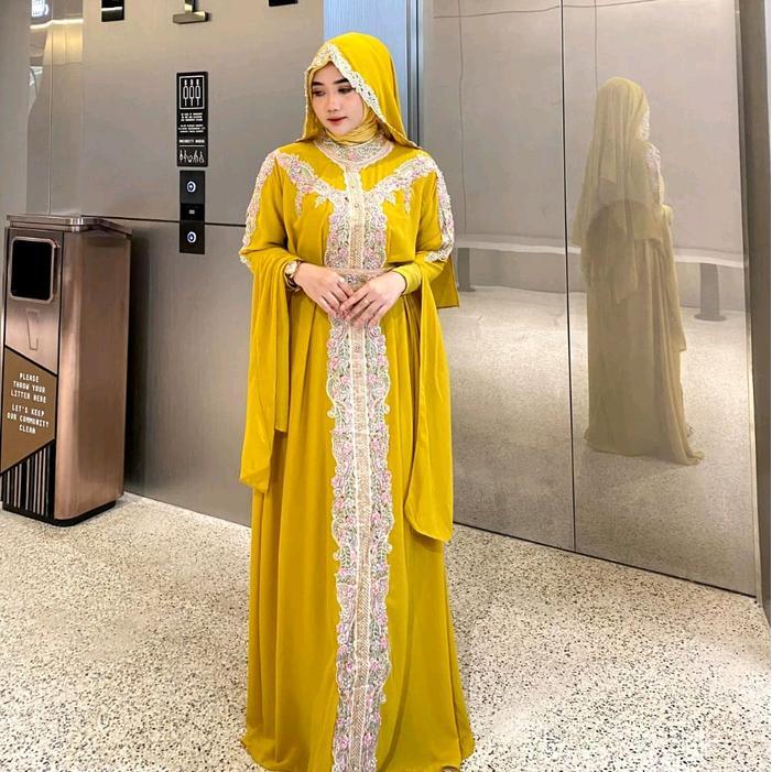 Ayjona - Kaftan Amberlee Bordir Full Colour - Set Inner Gamis Pashmina Dan Belt - Kaftan Dress Mewah