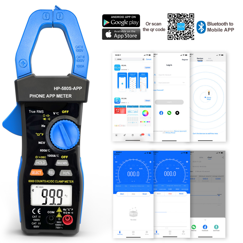HOLDPEAK HP-580S-APP Clamp Meter 6000 Counts with Phone APP True RMS Effective Value,AC DC Tester LC