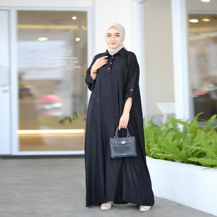 Gamis Hitam Jumbo Elegan LD 140 Fit XXXXL - XXXXXL PASPOL RAYON Muslim Wanita Baju Dress