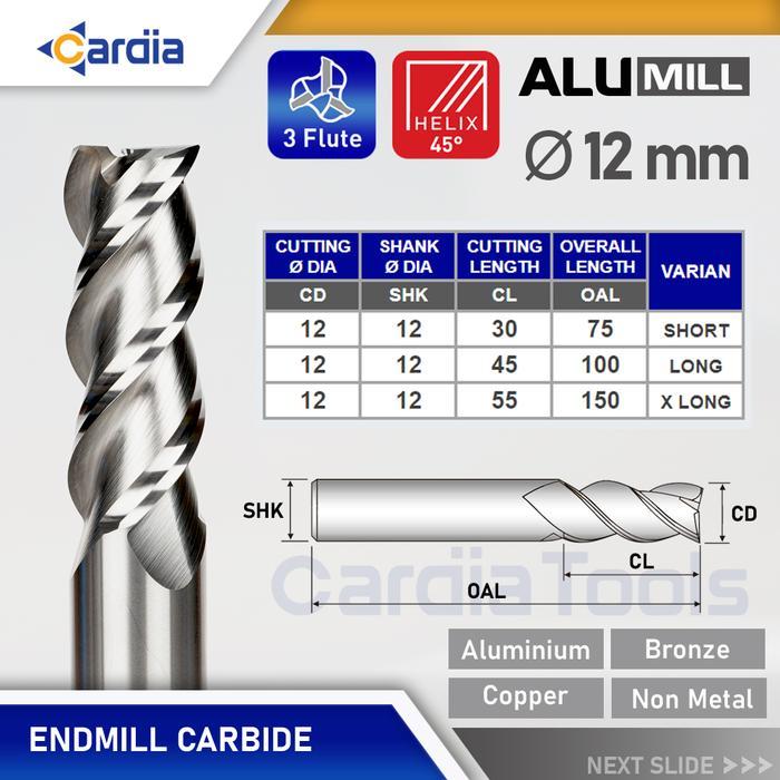 Endmill 12 mm Long 75 100 150 3 Flute Aluminium End Mill Carbide