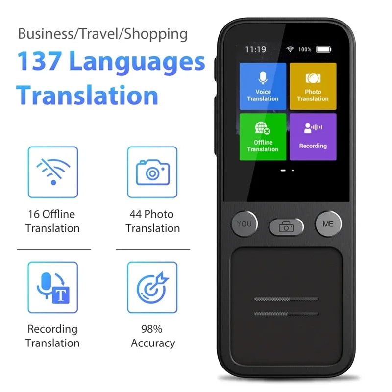 T16 AI Voice Real Time Translator Machine 138 Multi Online Languages Voice-Record 3.1 Inch Big