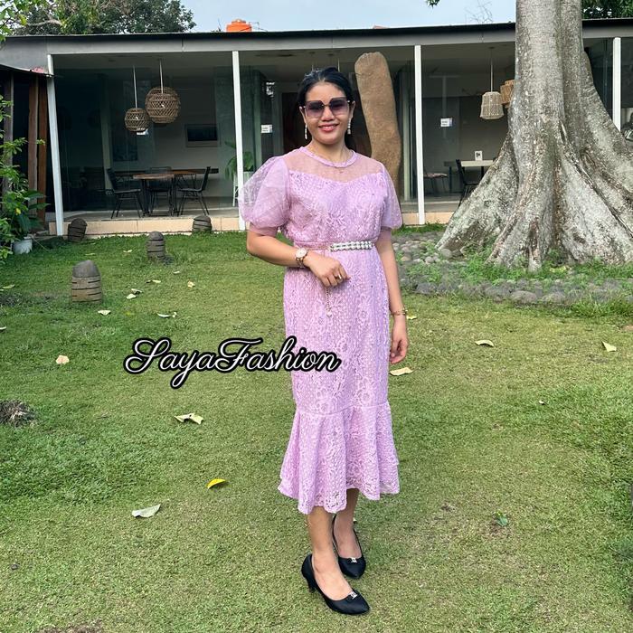 [Voucher] Dress Brukat Duyung Polos Free Belt Mutiara Dress Pesta Mewah Promo Termurah