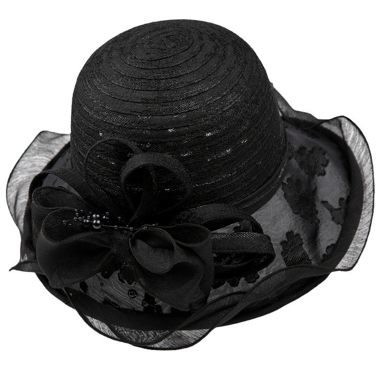 Black Fisherman Hat Women'S Summer Outdoor Travel Sun Protection Mother Sun Hat Mesh Lace Flower