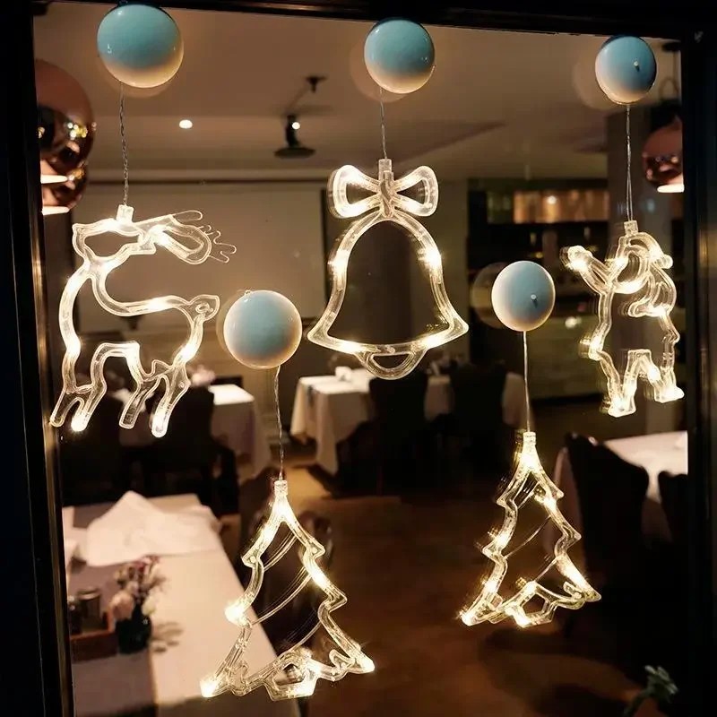 Christmas Led Light Snowflake Santa Hanging Battery-Operated Window Ornaments Decoration For Home