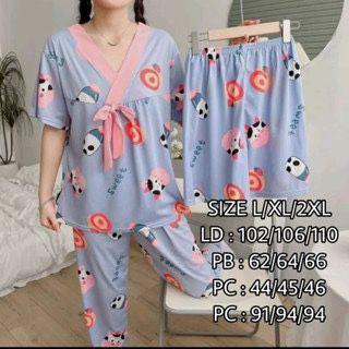 Santaibju- Gs - Piyama Set 3In1 Piama Wanita Remaja Lengan Pendek Baju Tidur Wanita Pajamas Katun