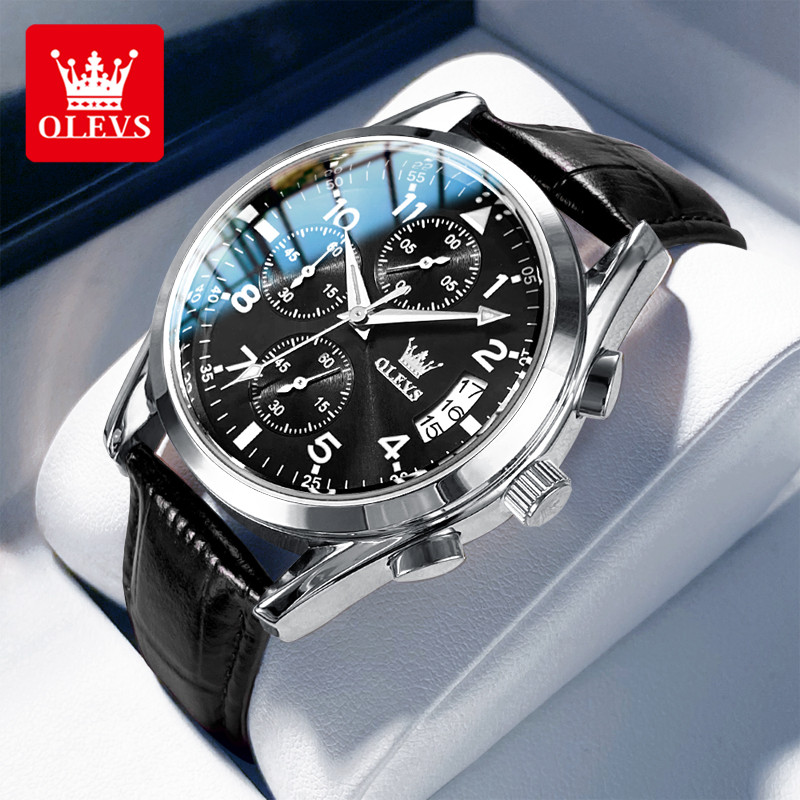 OLEVS Leather strap Men's wristwatch waterproof luminous Chronograph watch for man Arabic numeral