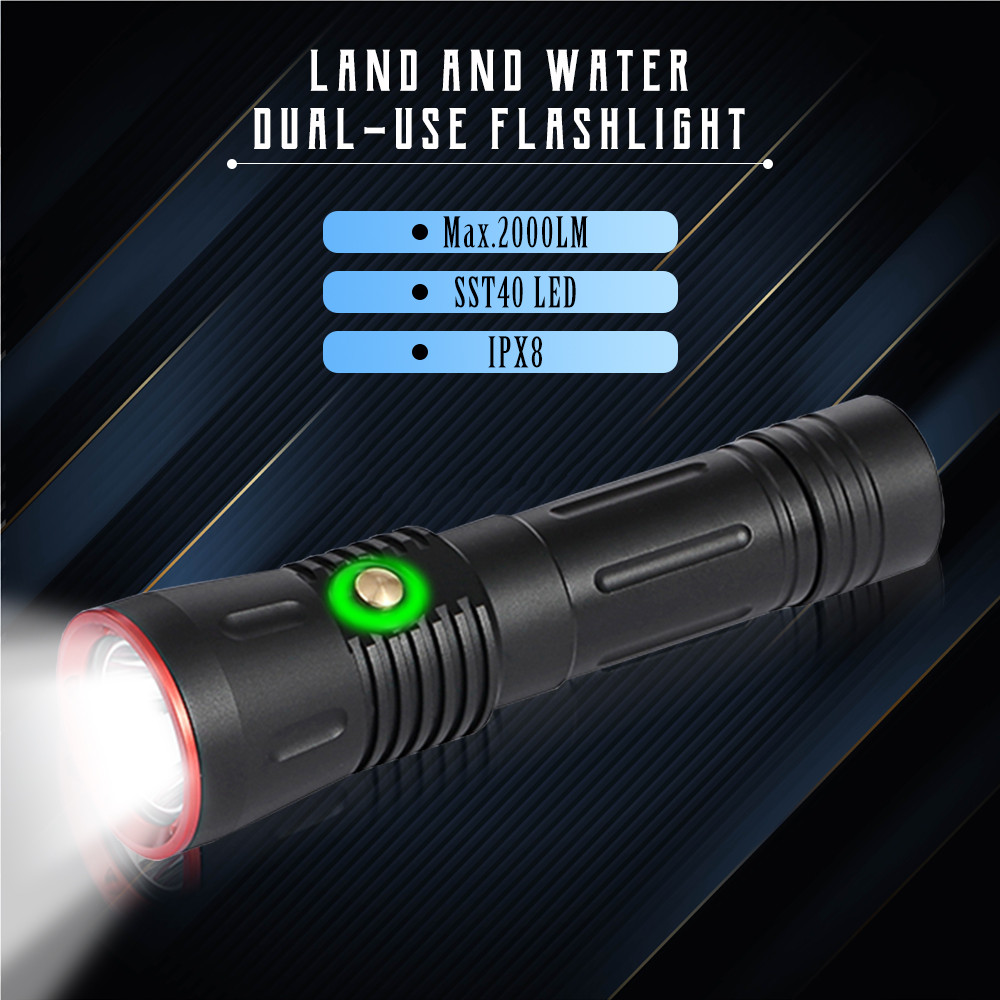 Asafee DA11 50M Underwater Scuba Lantern SST40 LED 2000LM Diving Flashlight IPX8 Waterproof Lamp SOS