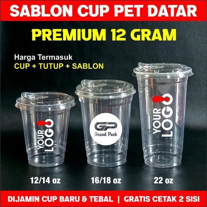 Sablon Gelas Cup Plastik Cup PET 14 oz Datar + Tutup