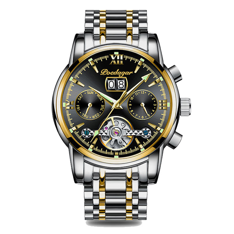 POEDAGAR Business Watch Men Automatic Mechanical Tourbillon Watch Luxury Fashion Stainless Steel