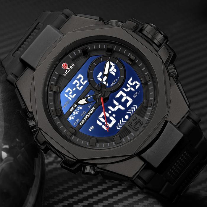 LICARR Jam Tangan Pria Merek Olahraga Analog Digital Santai Kuarsa Fashion Anti Air Multifungsi Jam