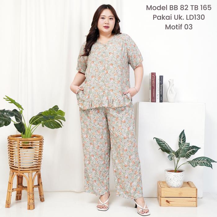 Santaibju- [ Lyla ] Ld110/120/130/140 Setelan Baju Tidur Ruffle Celana Panjang Rayon Premium Jumbo