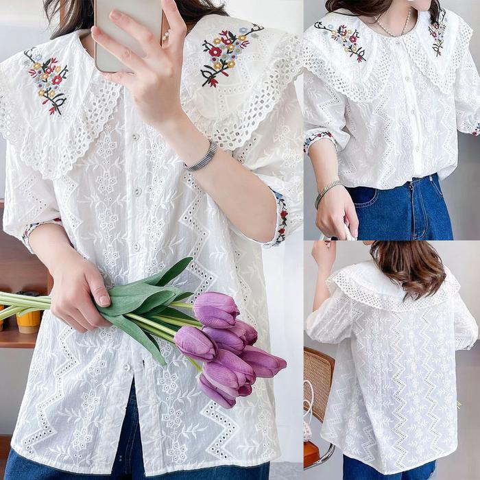 Blus Katun Brukat Ungu Putih Kerah Collar Oversize Bordir Bunga Renda Korea Import