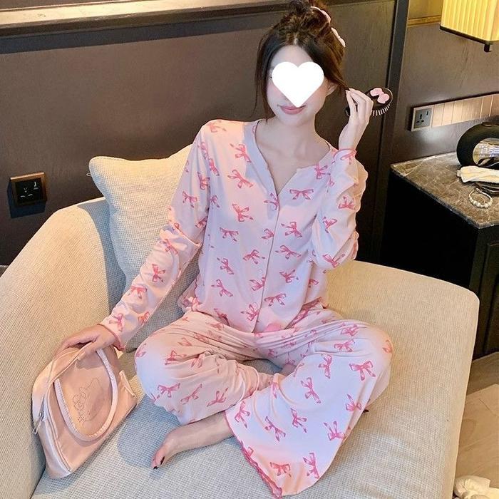 Santaibju- Baju Tidur Piyama Set Bs-5077 Wanita Santai Baju Rumah Bow-Knot Halus Ice Silk Lengan