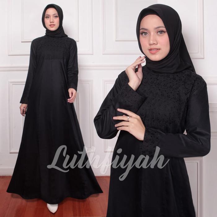 Dress Gamis Katun Polos Hitam Kombinasi Putih Jepang Motif Muslim Modern Simple Nyaman Luthfiyah
