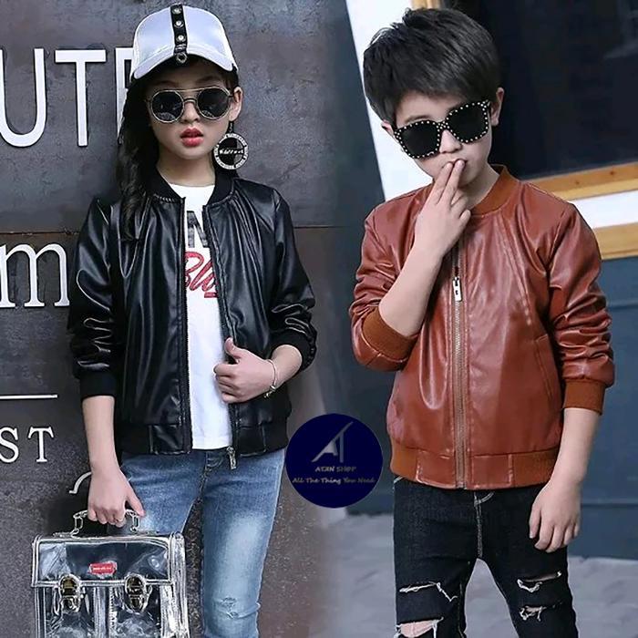 Jaket Kulit Anak Laki-Laki / Perempuan Model Bomber Bahan Vienna 100% Umur 3-12 Tahun Original
