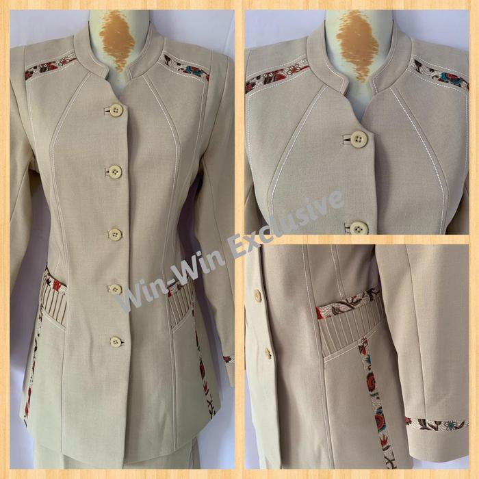 Setelan Blazer Baju Kerja Kantor Wanita Batik Krem / Cream