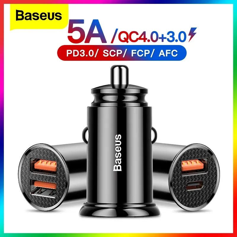 Baseus Usb Car Charger Quick Charge 4.0 Qc4.0 Qc3.0 Scp 5A Pd Type C 30W Fast Car Usb Charger For