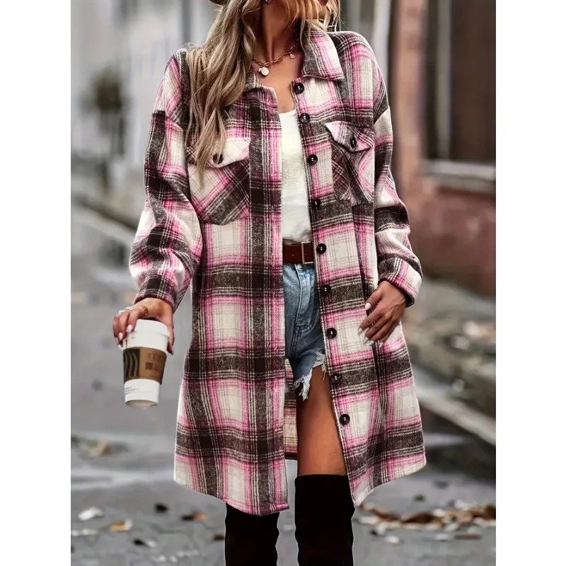 Plus Size Casual Plaid Coats Women Windbreaker Long Sleeve Button Shirt Jacket Fashion Print Pocket