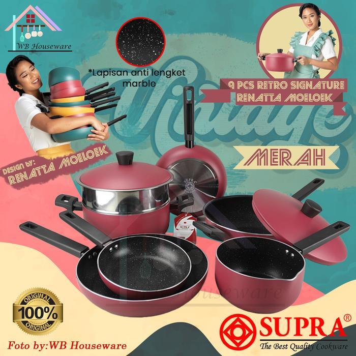 NEW SUPRA Panci set 9pcs renatta retro merah anti lengket / cookware set teflon
