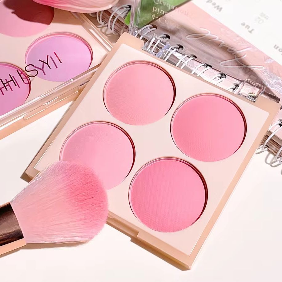 4-Color Matte Blush, Peach , Coral Blush Poer, Korean Low Saturation Soft Fog Blush, Can Lighten,