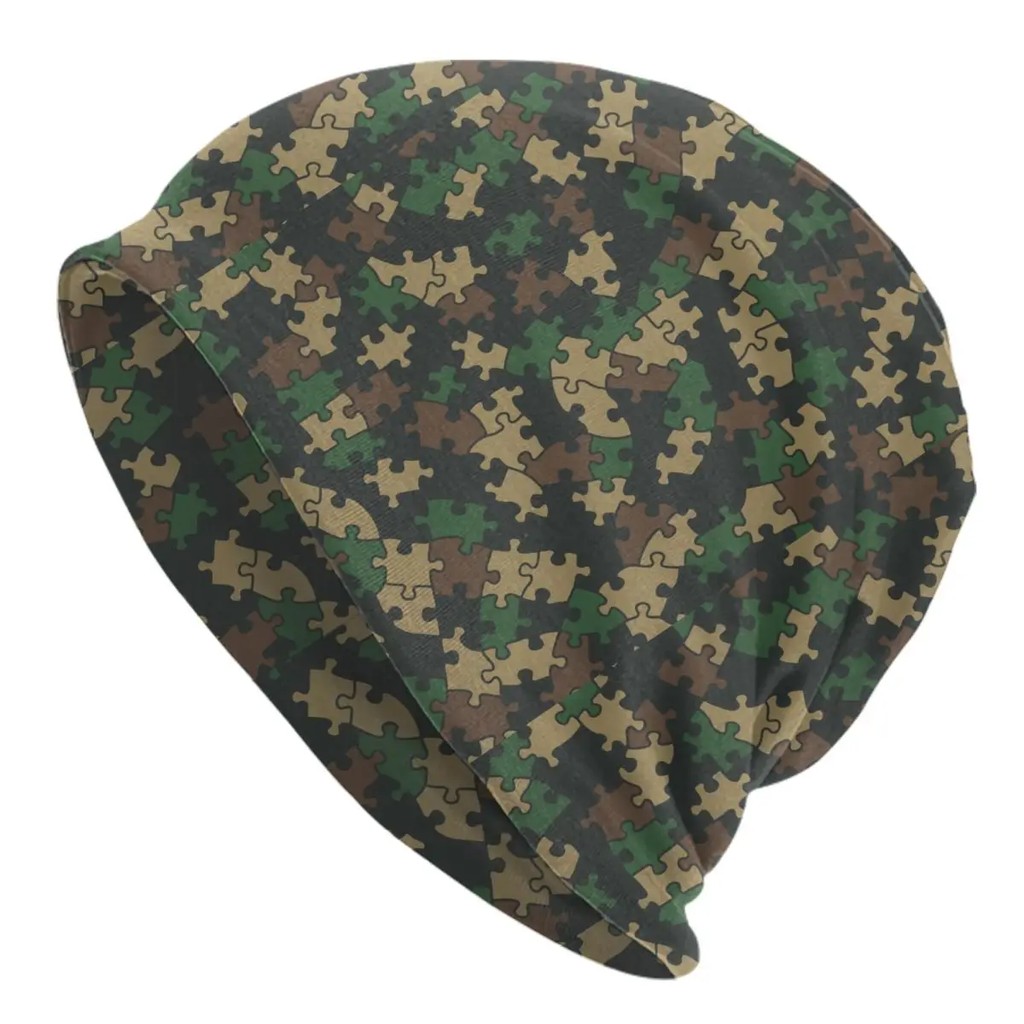 Jigsaw Puzzle Lover Pieces Camo Pattern Puzzler Woodland Bonnet Hats Knitted Hat Warm Winter