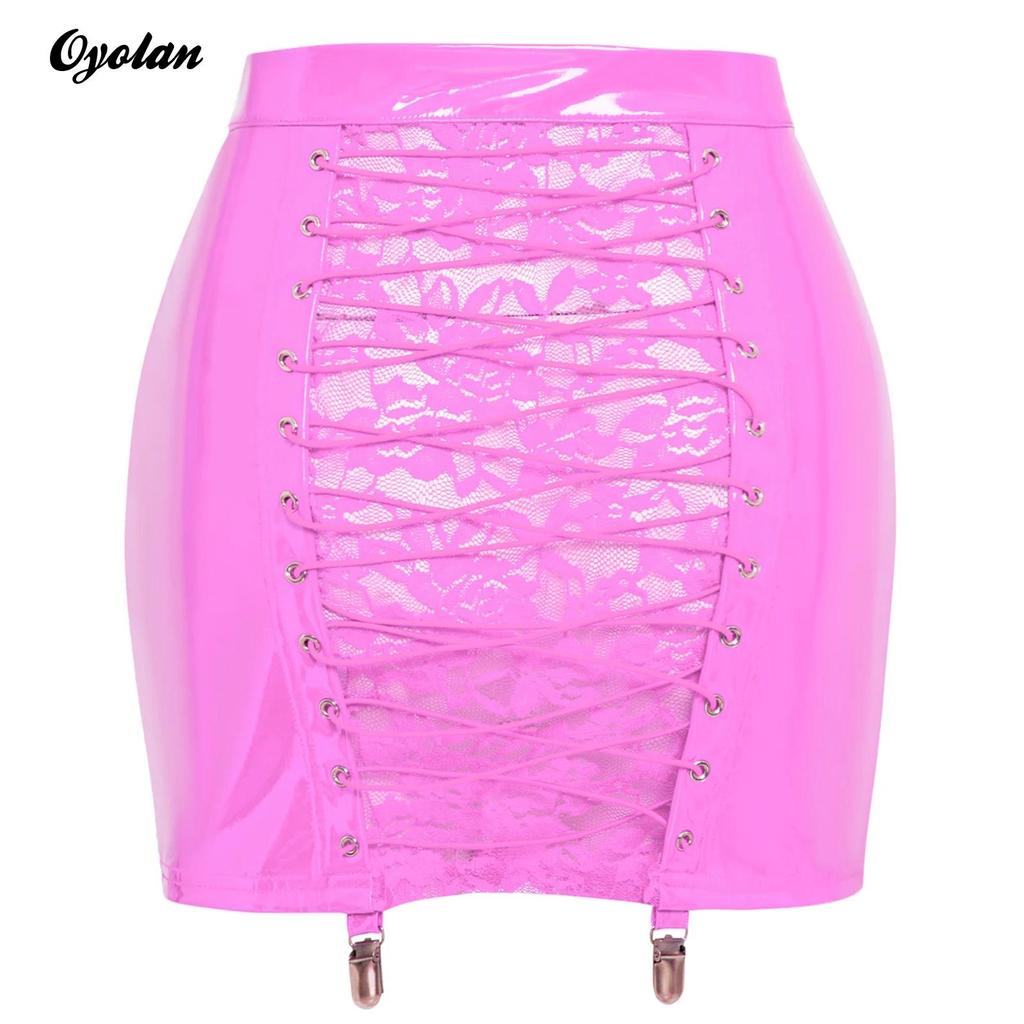 Womens Front Zipper Back Bodycon Mini Skirt Wet Look PU Leather Latex Miniskirt Sheer Floral Lace-up