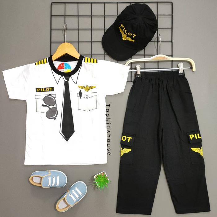 Murah Setelan Topi Baju Anak Laki Profesi Pilot Celana Panjang Kantong Premium