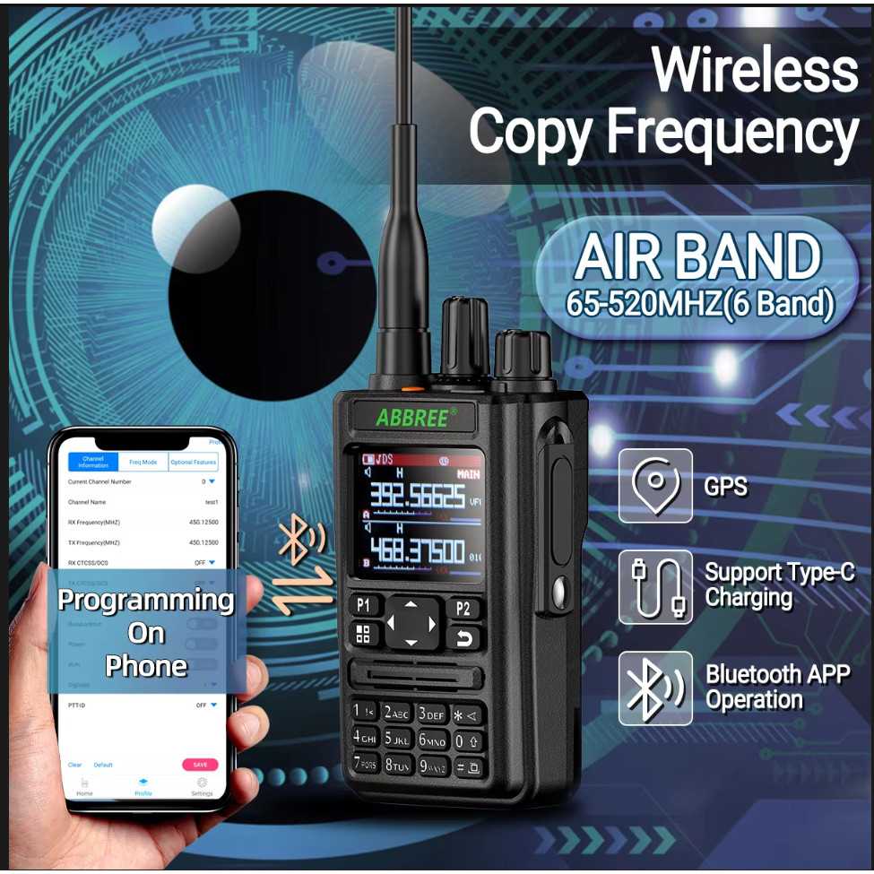 Abbree Ar-869 Walkie Talkie 10W Bluetooth Programming Gps Multi Band Wireless Copy Frequency Am Fm