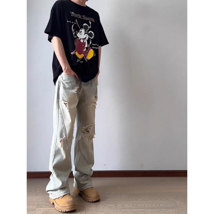 8zg8- Tamp-X Celana Jeans Pria Baggy Sobek Cowok Retro Biru Denim Korean Style Standar