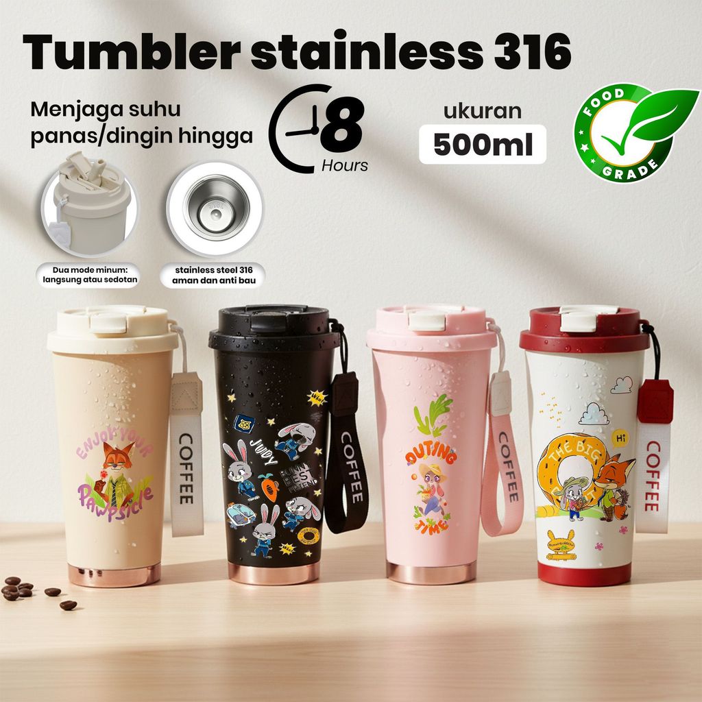 Tumbler Stainless 316 Food Grade 500ml Cartoon Animal Design Kaca Minum Karakter Lucu Menjaga Suhu 8
