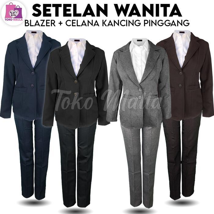 Hemat Setelan Blazer Set Wanita Satu Set Blazer & Celana Formal Model Kancing Pingang Blezer Hitam