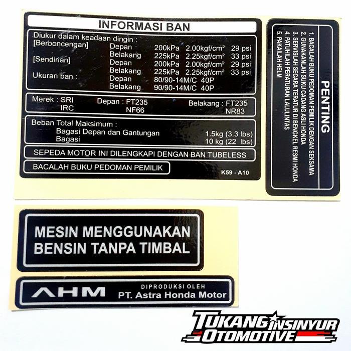 New Label Sticker Informasi Tekanan Ban New Vario 125 150 Honda AHM