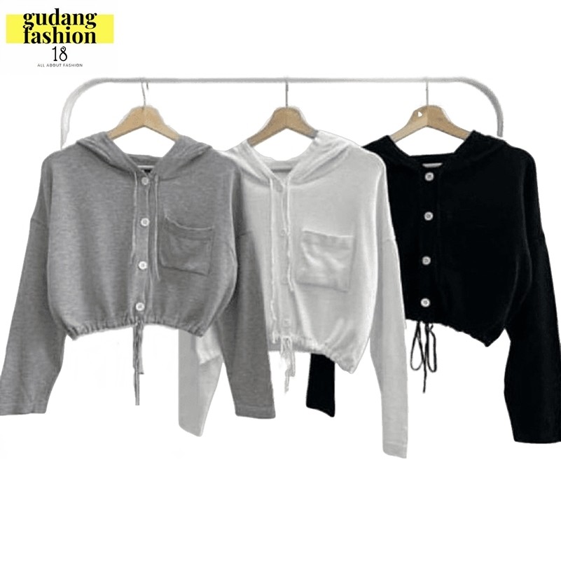 GudangFashion18 - Atasan Sweater Hoodie Bertudung Crop Top Baju Lengan Panjang Babyterry Motif Plain