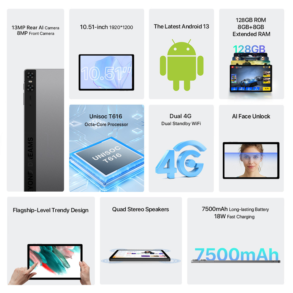 NEW ARRIVAL UMIDIGI A13 Tab Smart Tablet Android 13 8GB+128GB 10.51" FHD+ Display 7500mAh Mega Batte
