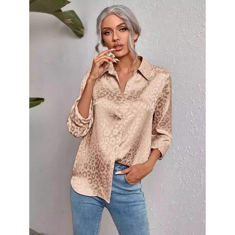99029 Kemeja Wanita Satin Enam Warna, Motif Macan Tutul Tiga Dimensi, Atasan Panjang Muslim Longgar,