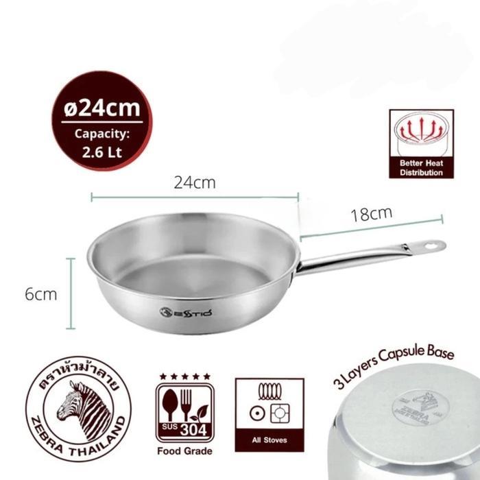 Fry Pan Zebra Estio 24 Cm Plus Tutup Glass Lid 175102 Stainless Steel Wajan Kuali Penggorengan