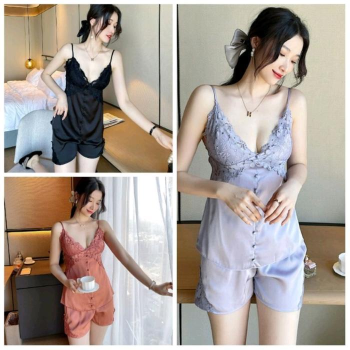 Setelan Baju Satin Lingerie Celana Pendek Hot Pant
