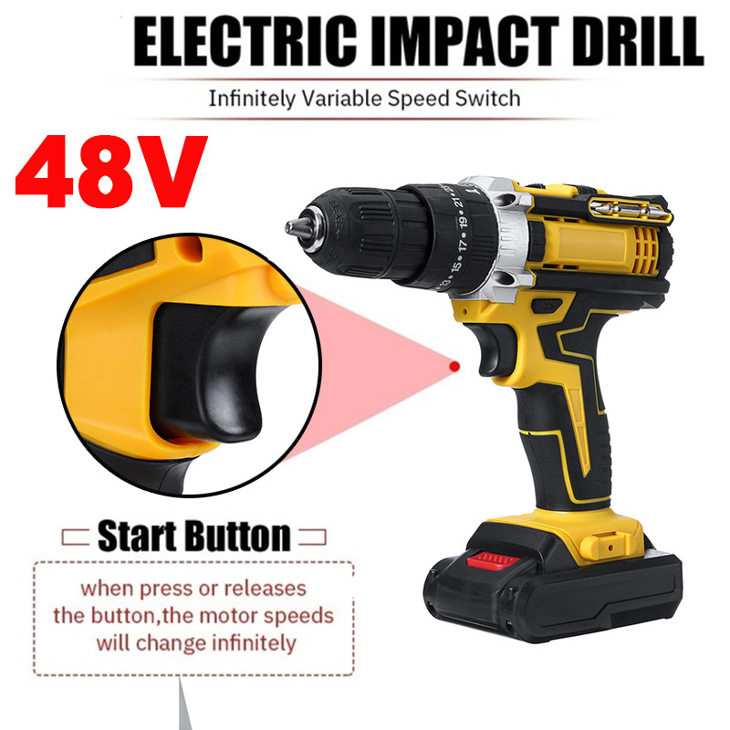 48V Cordless Drill Electric Screwdriver Drill 25+3 Torque Dual Speed Electric Hammer Impact Drill