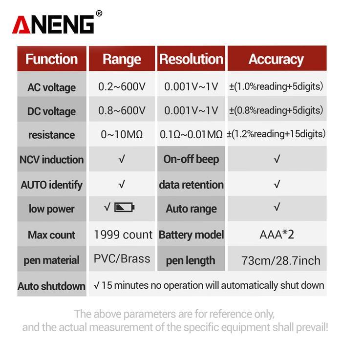 uzd6- Aneng M113 1999 Counts Mini Multimeter Digital Voltage Meter Ohm Ncv