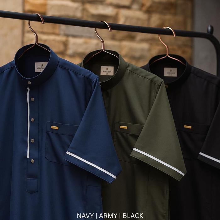 JUBAH PRIA ZAYN BAJU MUSLIM LENGAN PENDEK KANCING STRIP PUTIH ARABTSAUB