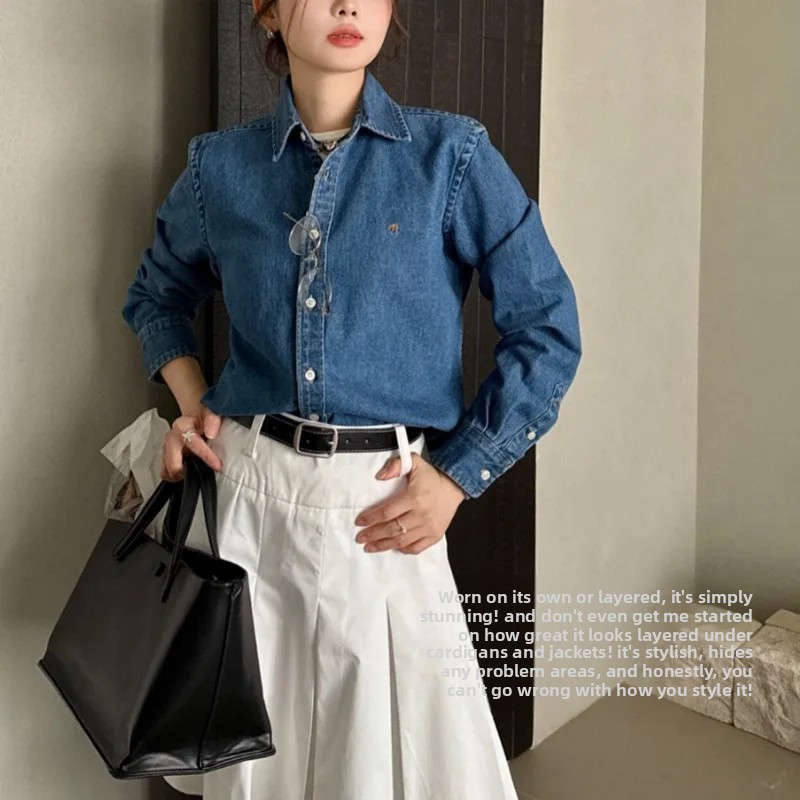 Hong Kong Three Fold Ruffle Denim Shirt Women's Polo Retro Casual Long Sleeve Shirt Jacket Slim Fit