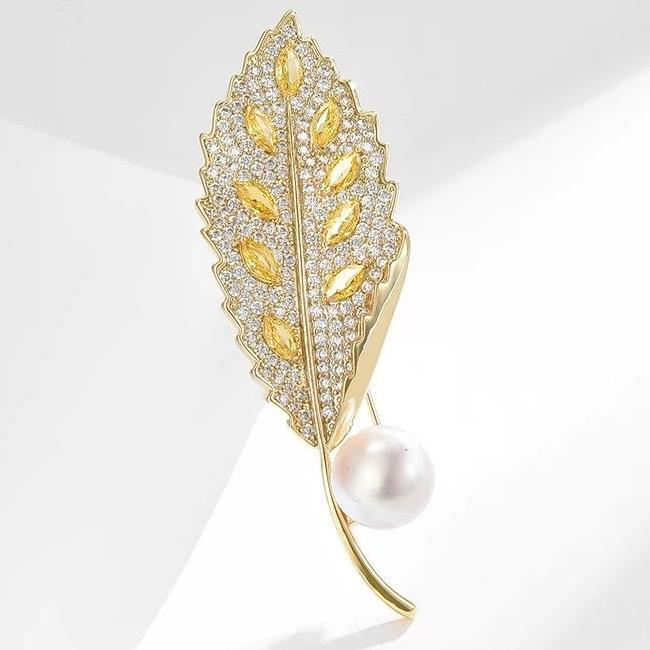 ASLI Bros Bahu Preminum Daun Kuning Permata Mutiara Asli Elegan Kristal Bros Jilbab Kecil Clips