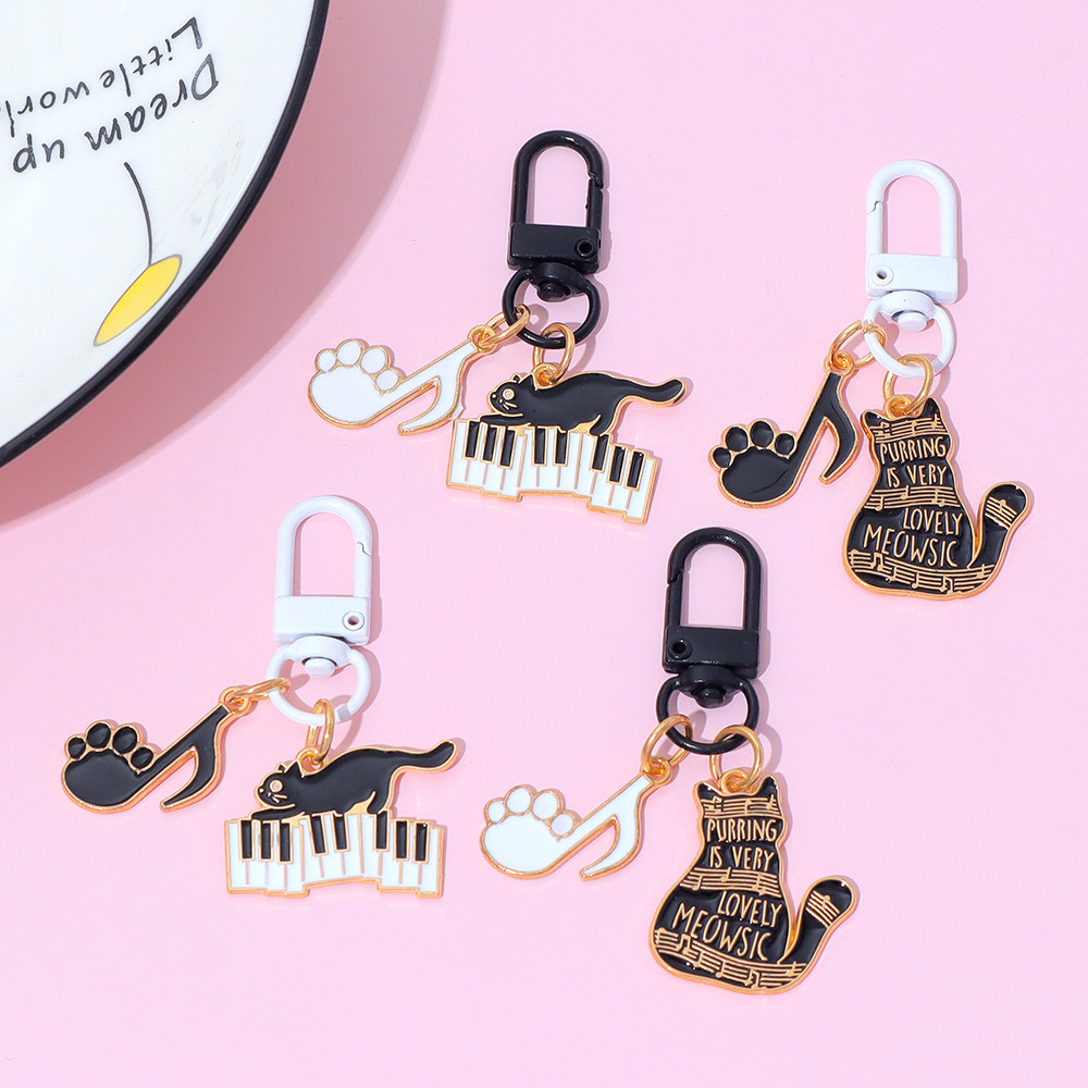 Black White Cat Keychains Piano Keys Music Note Keyring Creat Animal Pendant Backpack Decortion