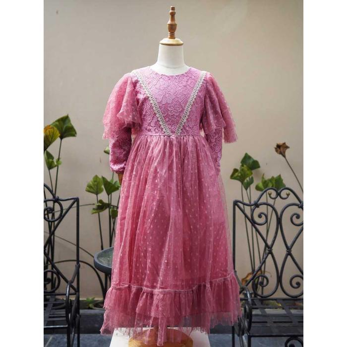 ec9o- Gamis Brokat Kombinasi Tile Polkadot Lembut Anak Mewah Syakila Dari Usia 3-10 Tahun