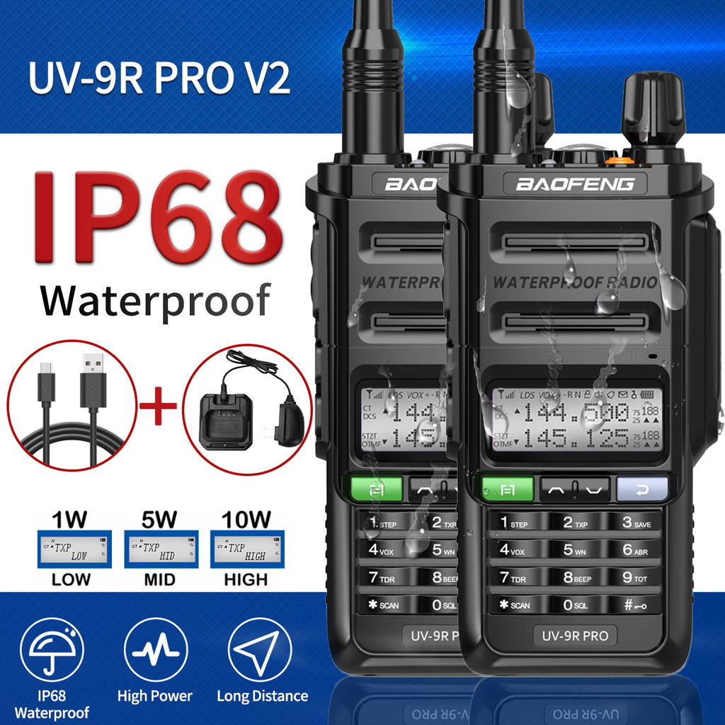 2pcs Baofeng UV-9R Pro V2 Waterproof IP68 Walkie Talkie Type-c Charger High Power Two Way Radio VHF 