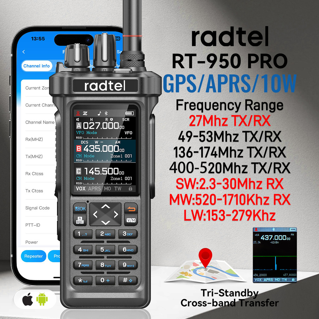 Radtel Rt-950 Pro Walkie Talkie Am/Fm/Cb/Lsb/Usb/Cw Receiver With Gps Aprs 10W Bluetooth Phone