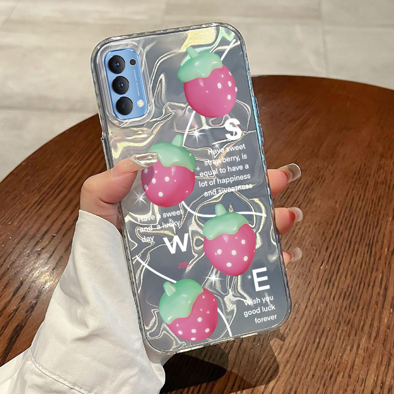 Casing Hp OPPO Reno 4 4G Case Casing Pola Kartun Strawberry HP Kasing Kasus ponsel transparan mewah 