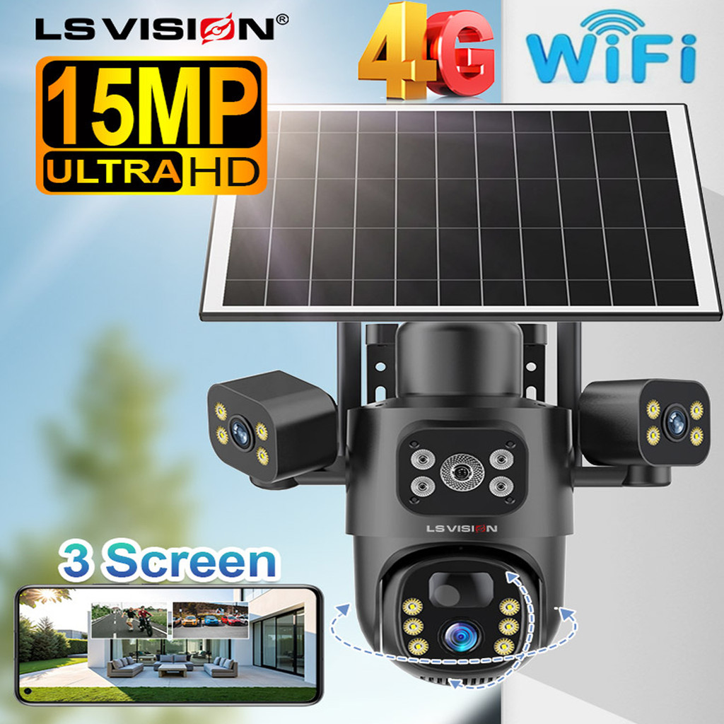 LS VISION 4G Solar Camera WIFI Wireless CCTV HD 15MP 8K 3 ScreenTriple PTZ Lens 10X Zoom Uto