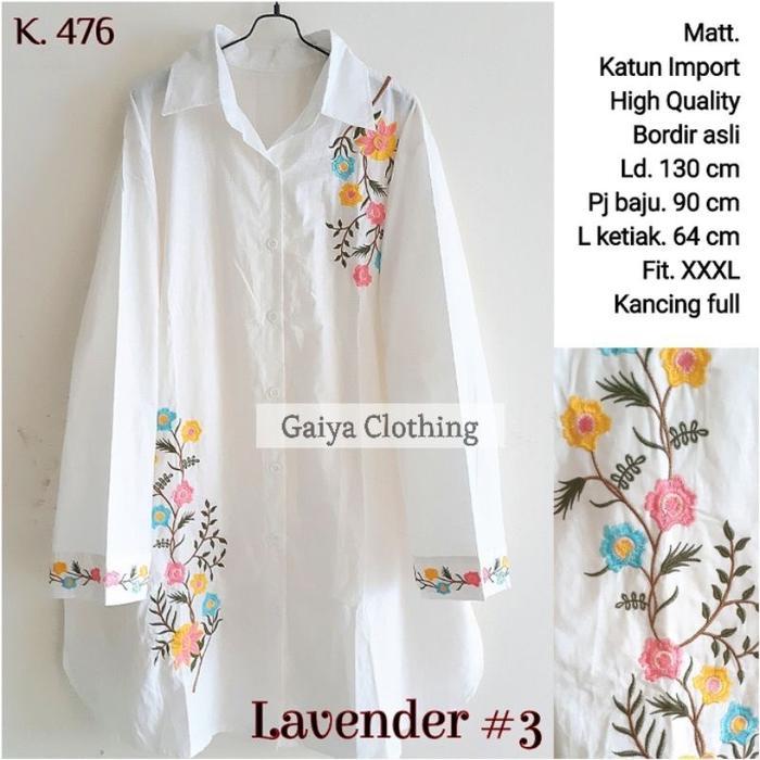 Promo Kemeja Tunik Jumbo Katun Bordir Bunga Wanita White Series Ld. 130 Lavender Jumbo Putih Baju